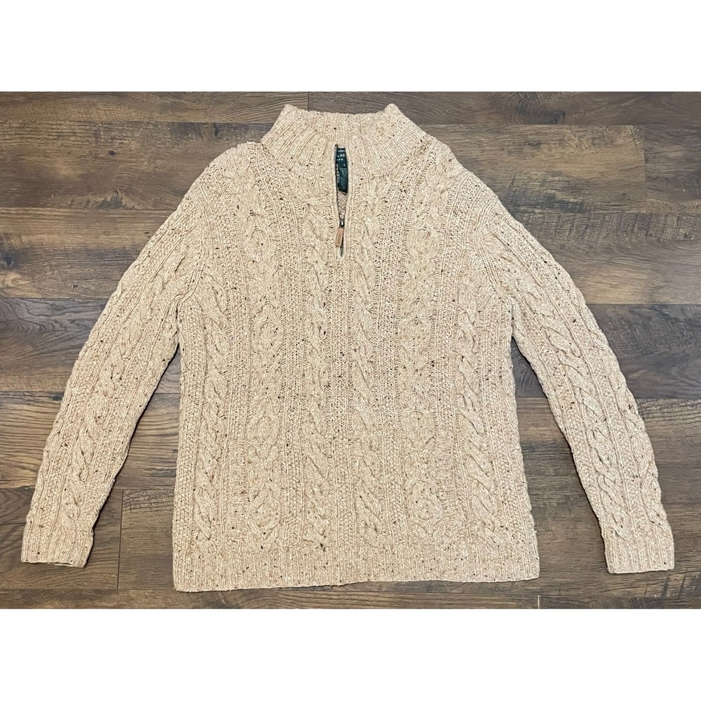 Lauren Ralph‎ Lauren Sweater Womens Sz L Tan Cable Hand Knit Wool Blend 1/4 Zip